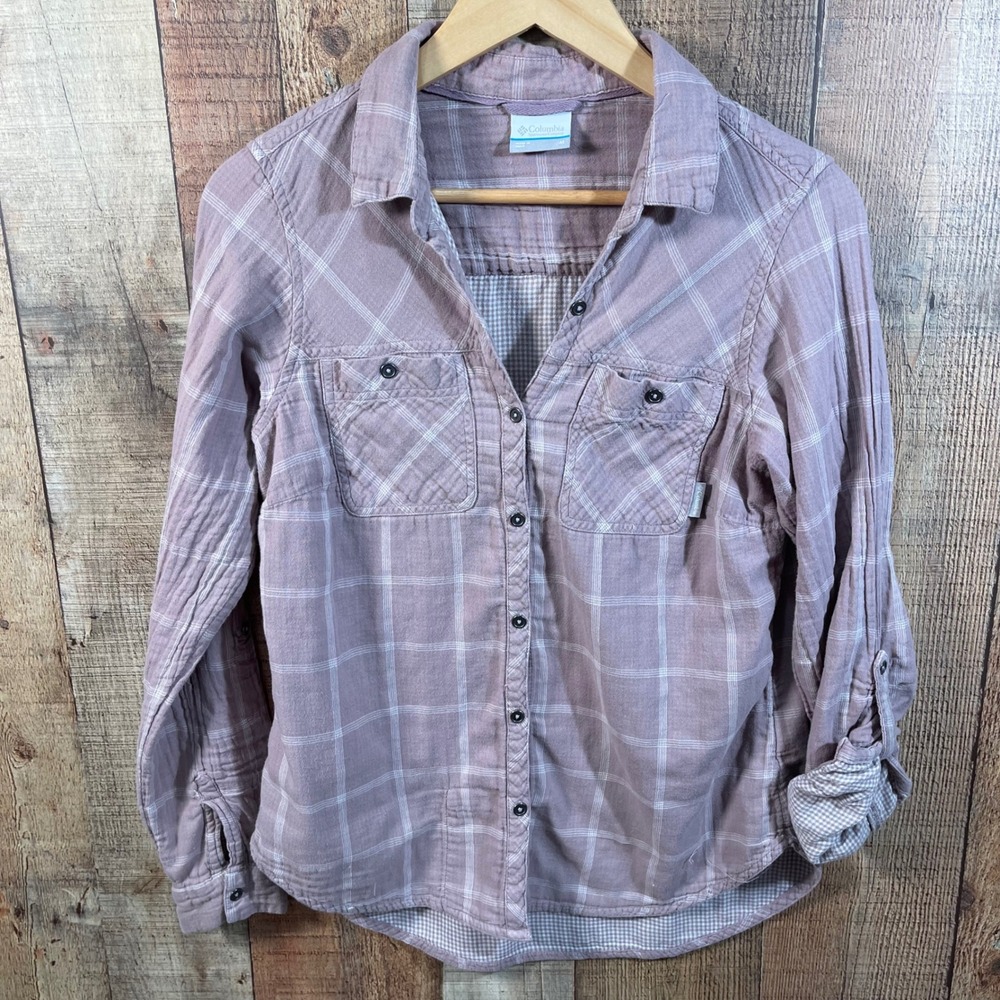 Columbia Silver Ridge Plaid Shirt Medium Mauve Purple Hiking Roll Tab Sleeve